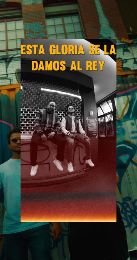 Music video still with performers and lyric text