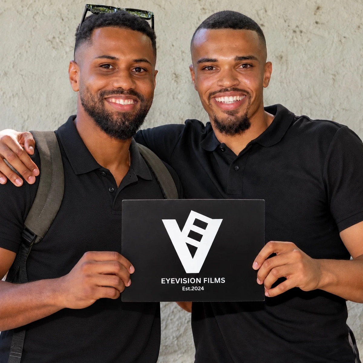 Zaza and Obed Harewood holding the Eyevision Films logo